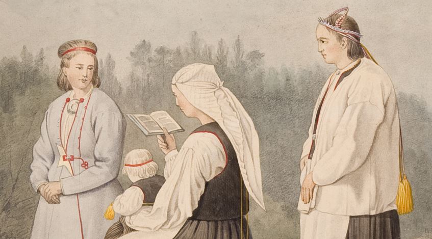 Räisäläisiä naisia kansanpuvuissa Magnus von Wright.