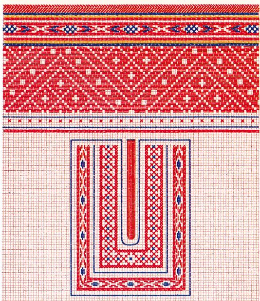 Koiviston paita pystykauluksen ja sepaluksen kirjonnat virvittäin ompelua ja ristipistoja.