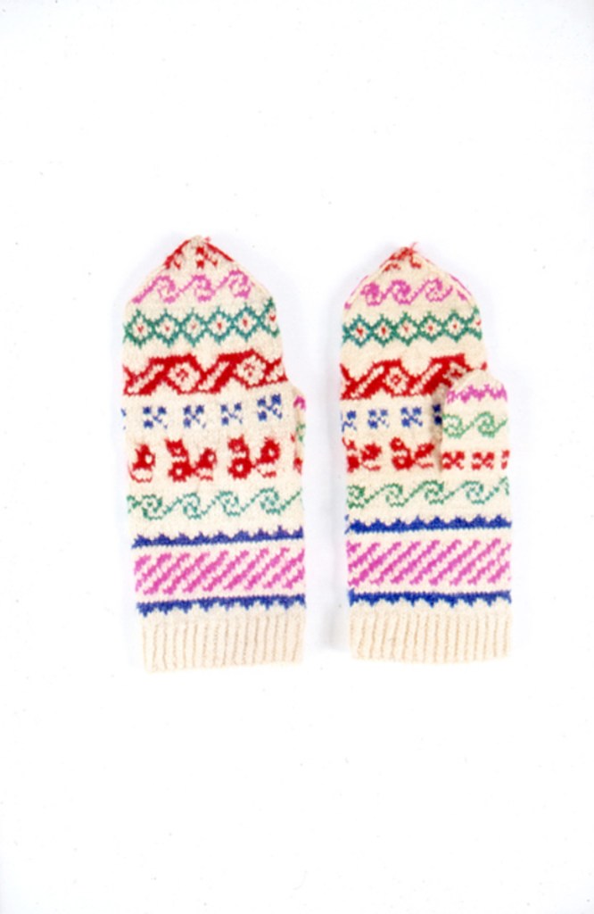 Pohjalaiset kirjoneulotut lapaset, jossa kasviaiheita.