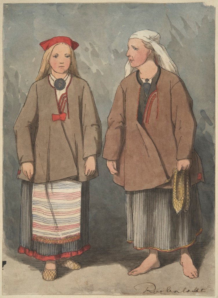 Ruokolahti piirros kaksi naista kansanpuvussa.