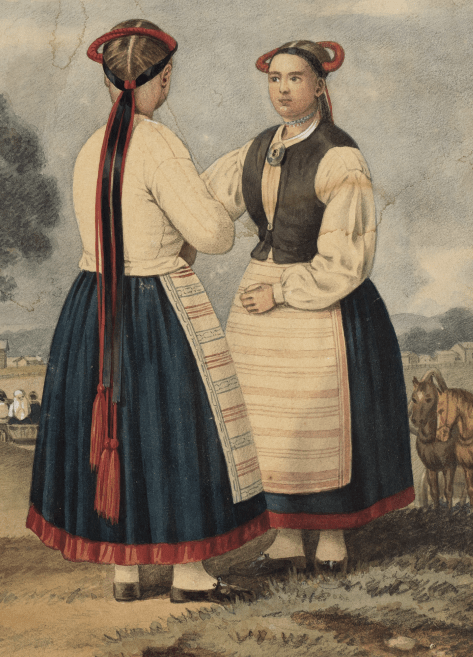 Kaksi kansanpukuista tyttöä kuvattuna vanhassa maalauksessa.