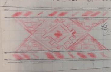 Piirros pirtanauhasta, jossa keskuskuvio ja reunakuviot.