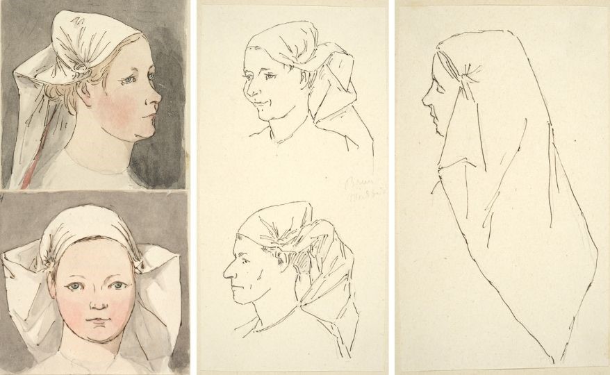 Severin Falkmanin piirroksia huntupäisistä naisista Jääskessä.