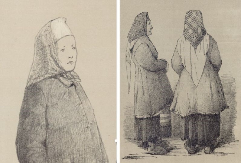 Severin Falkmanin piirroksia naisista päässään huntu sekä sen päällä ruutuhuivi.