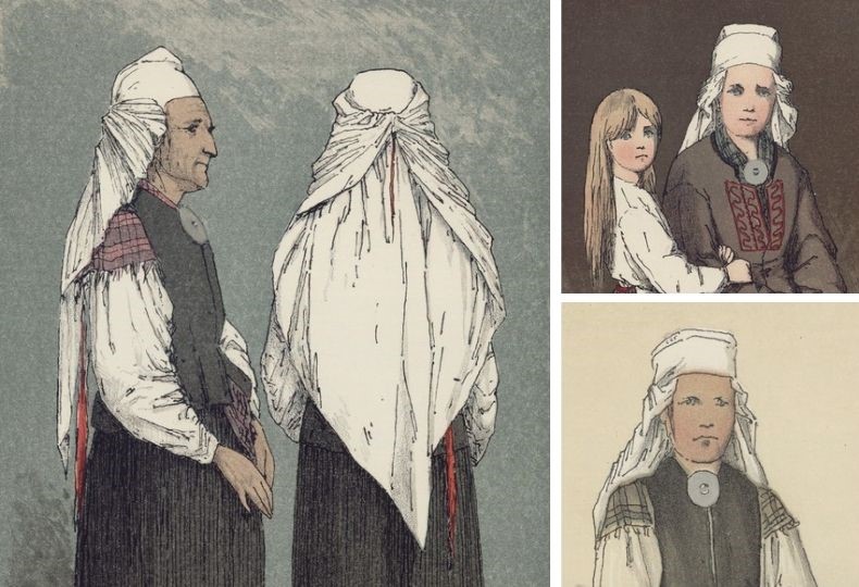 Severin Falkmanin piirroksia joutsenolaisista naisista huntu päässä.