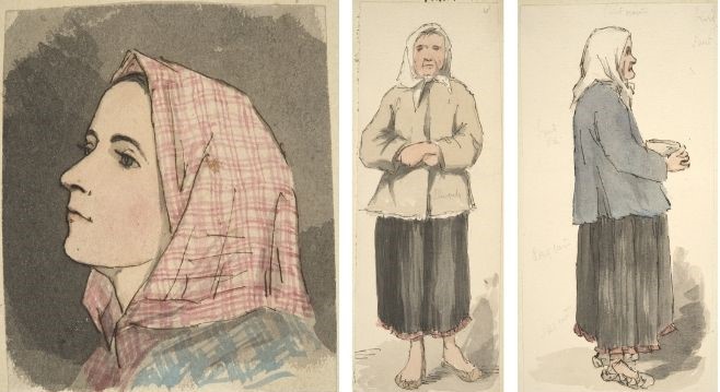 Severin Falkmanin piirroksia huivipäisistä naisista Kirvussa.