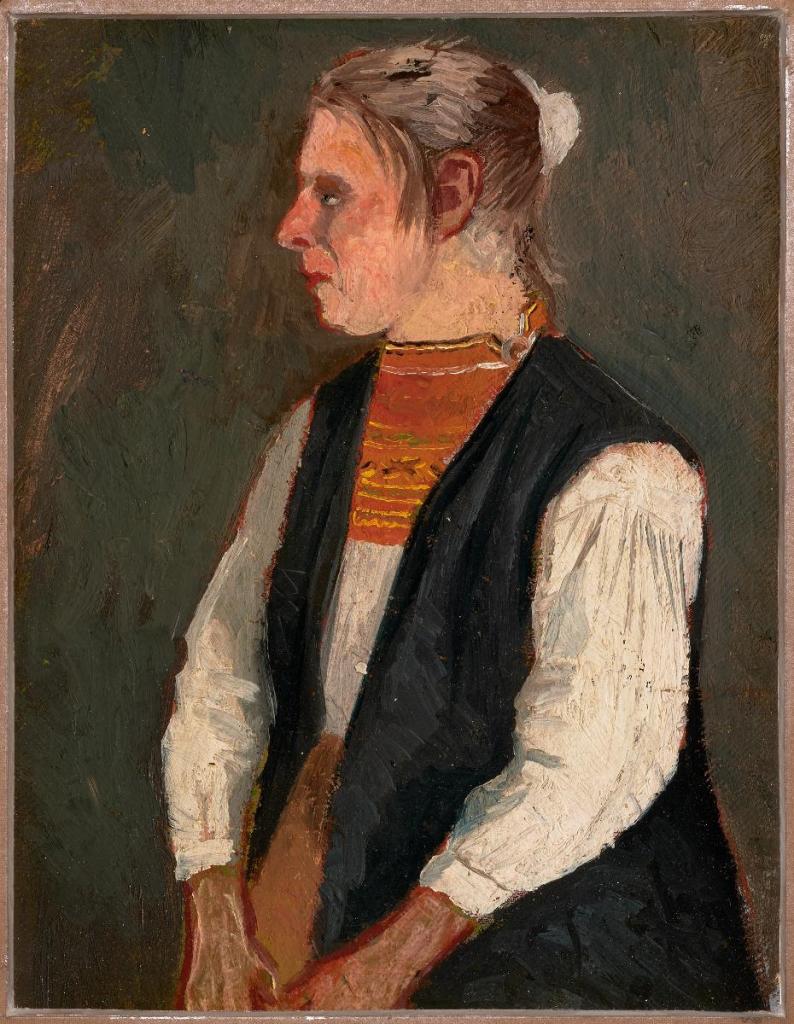 Maalaus muolaalaisesta naisesta, jolla pieni huntu takaraivolla.