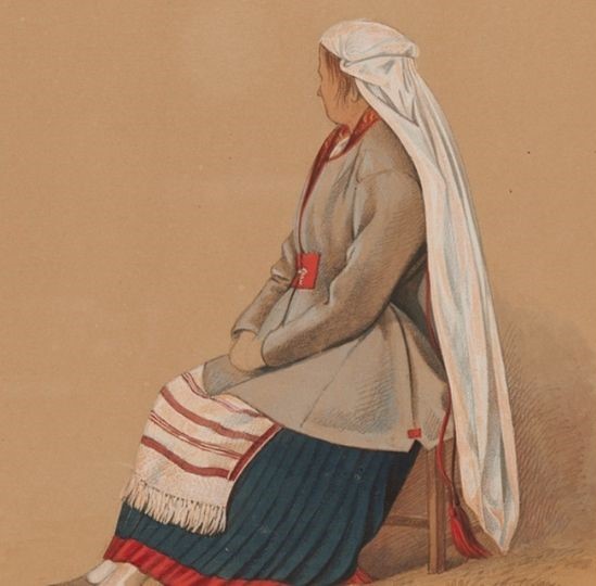 Piirroksessa huntupäinen nainen sivusta kuvattuna.