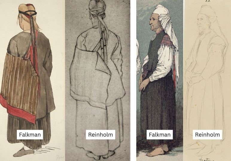 Vertailu Severin Falkmanin ja Agathon Reinholmin kansanpukupiirrosten välillä.