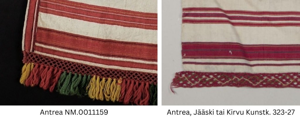 Karjalaisten esiliinojen helmakoristeita.