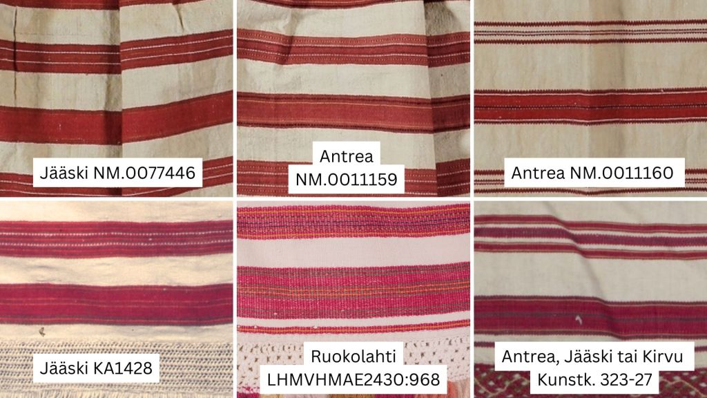 Jääsken kihlakunnan kudonnaisesiliinojen raitakuviointia.