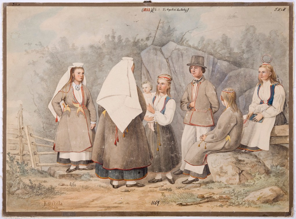 Piirros kaukolaisia juhlapuvuissa.