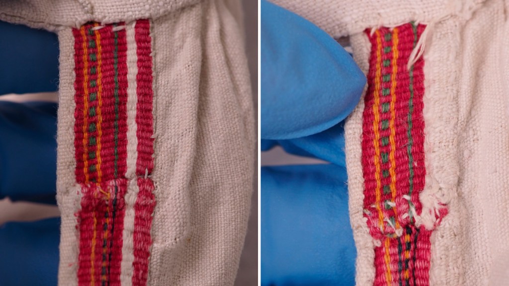 Ruokolahtelaisen esiliinan reunakaitaleen saumakohta.