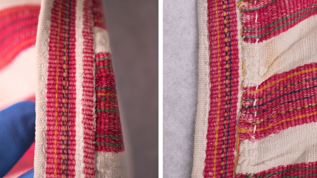 Ruokolahtelaisen esiliinan reunakaitale oikealta ja nurjalta puolelta.