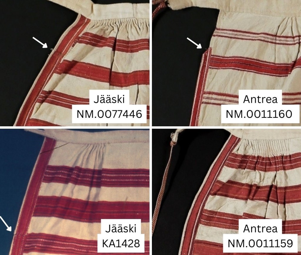 Jääsken kihlakunnan esiliinojen reunakaitaleita erityishuomiona saumakohta kaitaleissa.