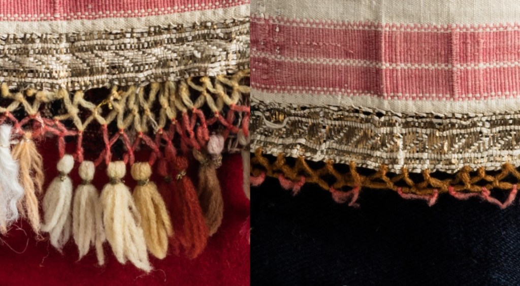 Jääskeläisen pukunuken esiliinan helmakoristeet.