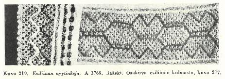 Mustavalkokuva esiliinan nyytingistä, jossa monimutkainen koristekuvio.