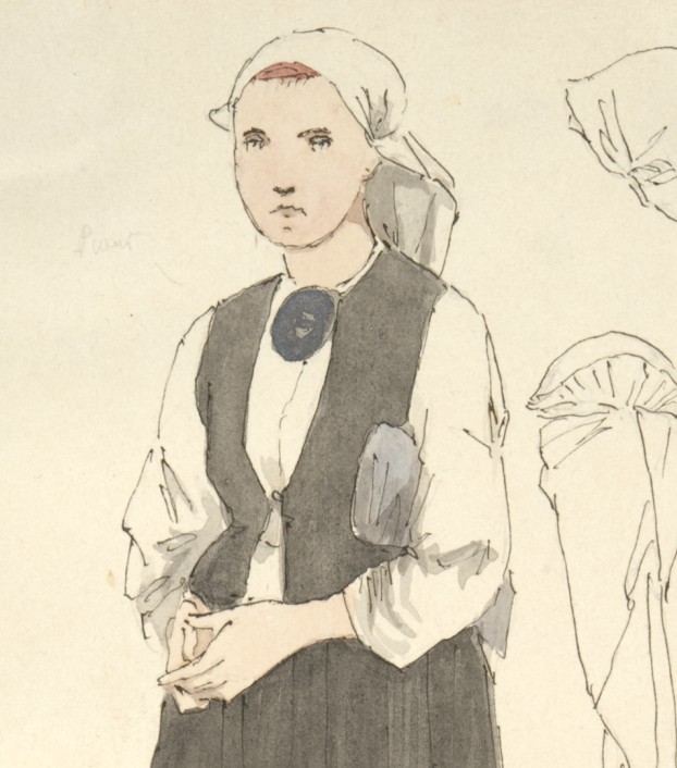 Piirros esittää huntupäistä vaimoa, jolla on päällä musta tankkiliivi.