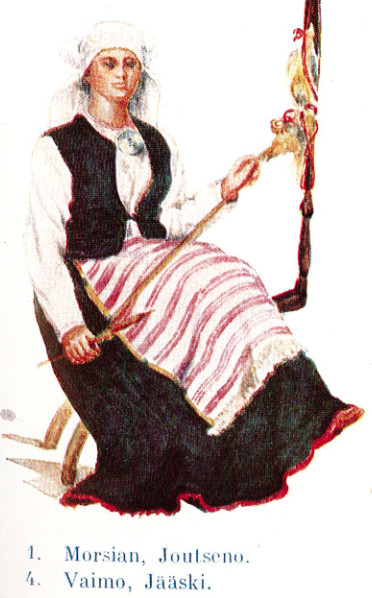 Väripiirros jääskeläisen vaimon asukokonaisuudesta.