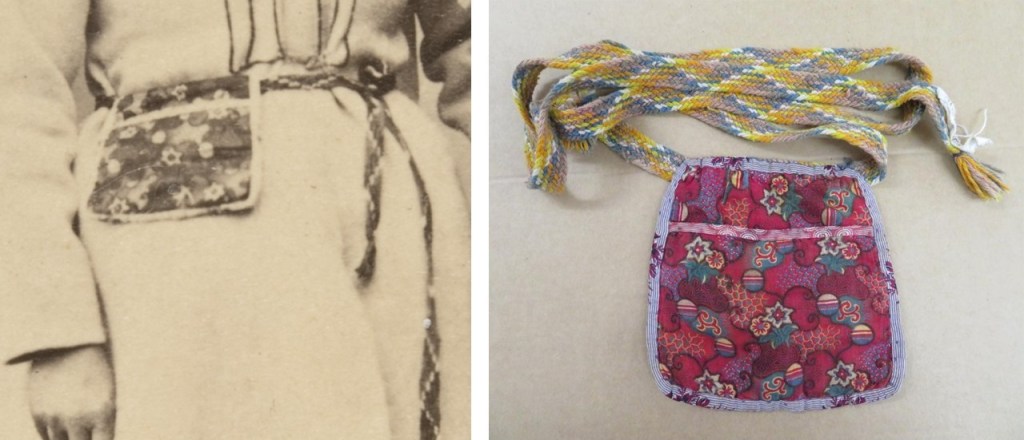 Jääskeläinen kansanpuvun irtotasku vanhassa valokuvassa ja museossa.