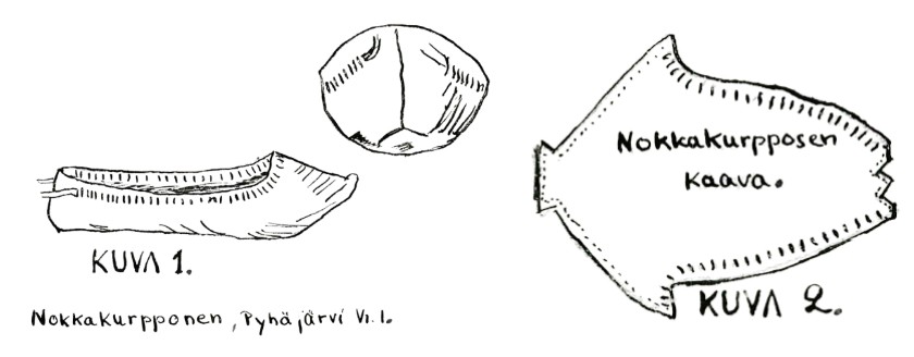 Piirroskuva nokkakurpposesta sivusta ja takaa sekä nokkakurpponen avattuna.