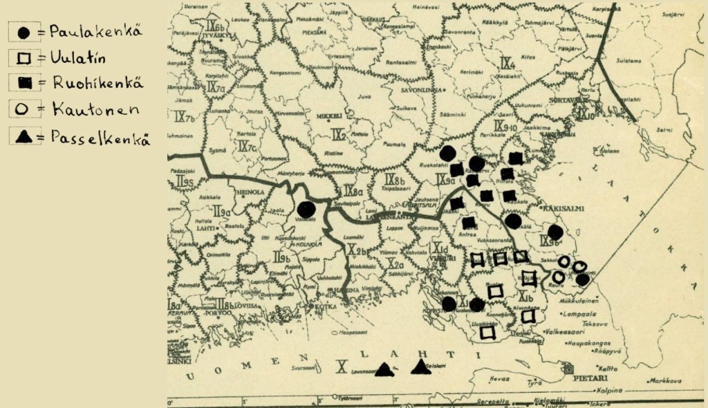 Kartta paulakengistä käytetyistä nimityksistä Karjalan kannaksella, Suomenlahden ulkosaarilla.